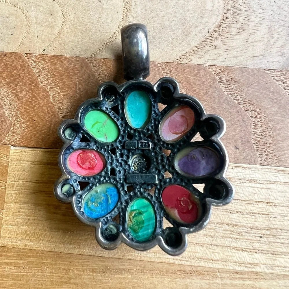 Vintage style 925 Sterling silver multi gemstone floral pendant